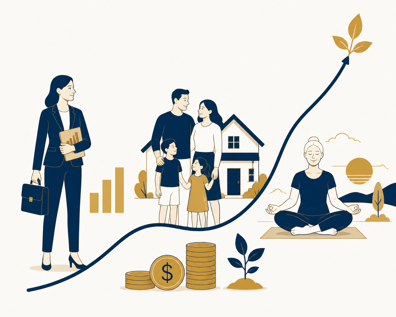 Illustration of career, family, investments, retirement and wellbeing growing together